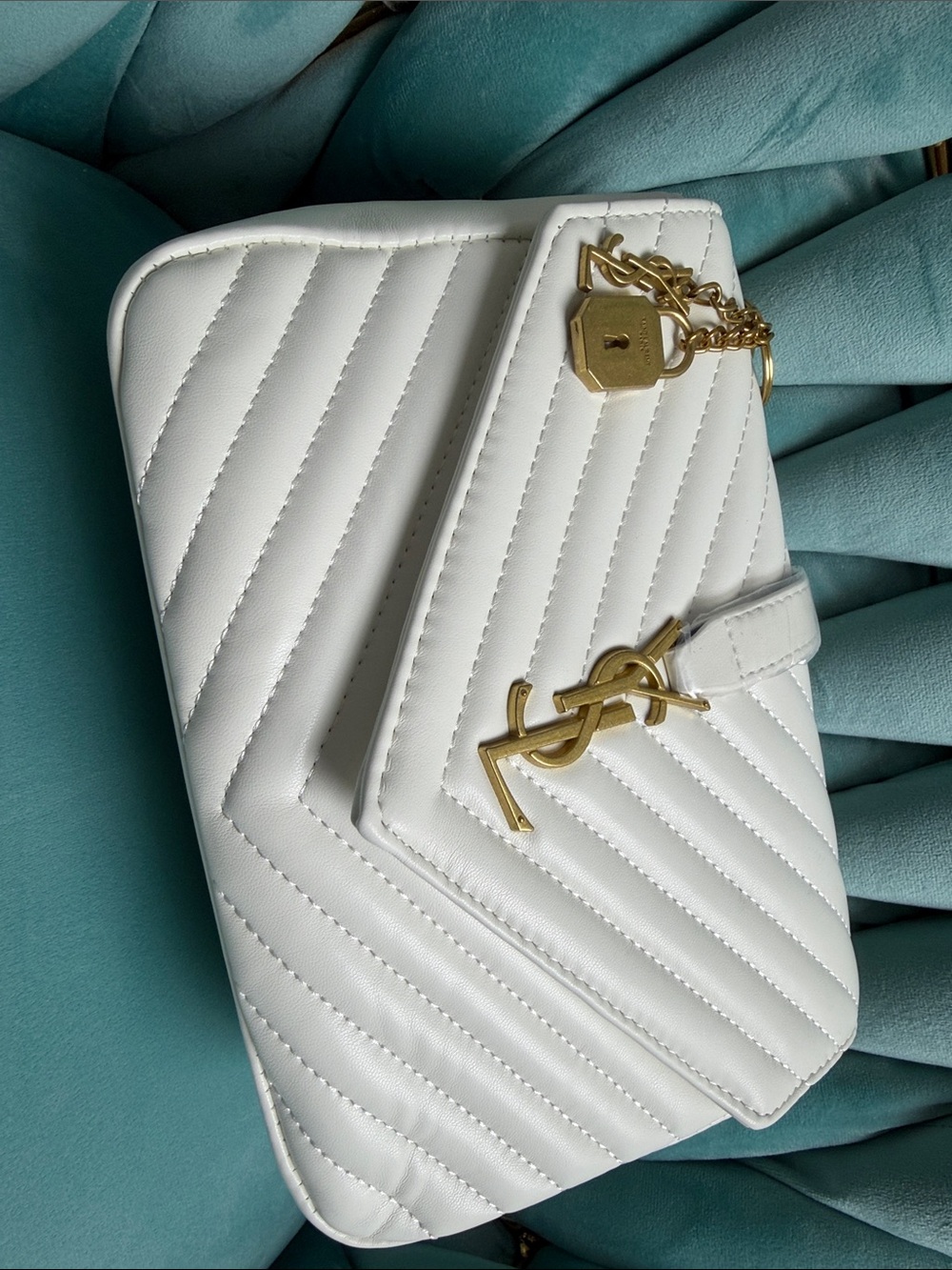 Yves Saint Laurent White Quilted Leather Crossbody with Gold YSL Hardware
